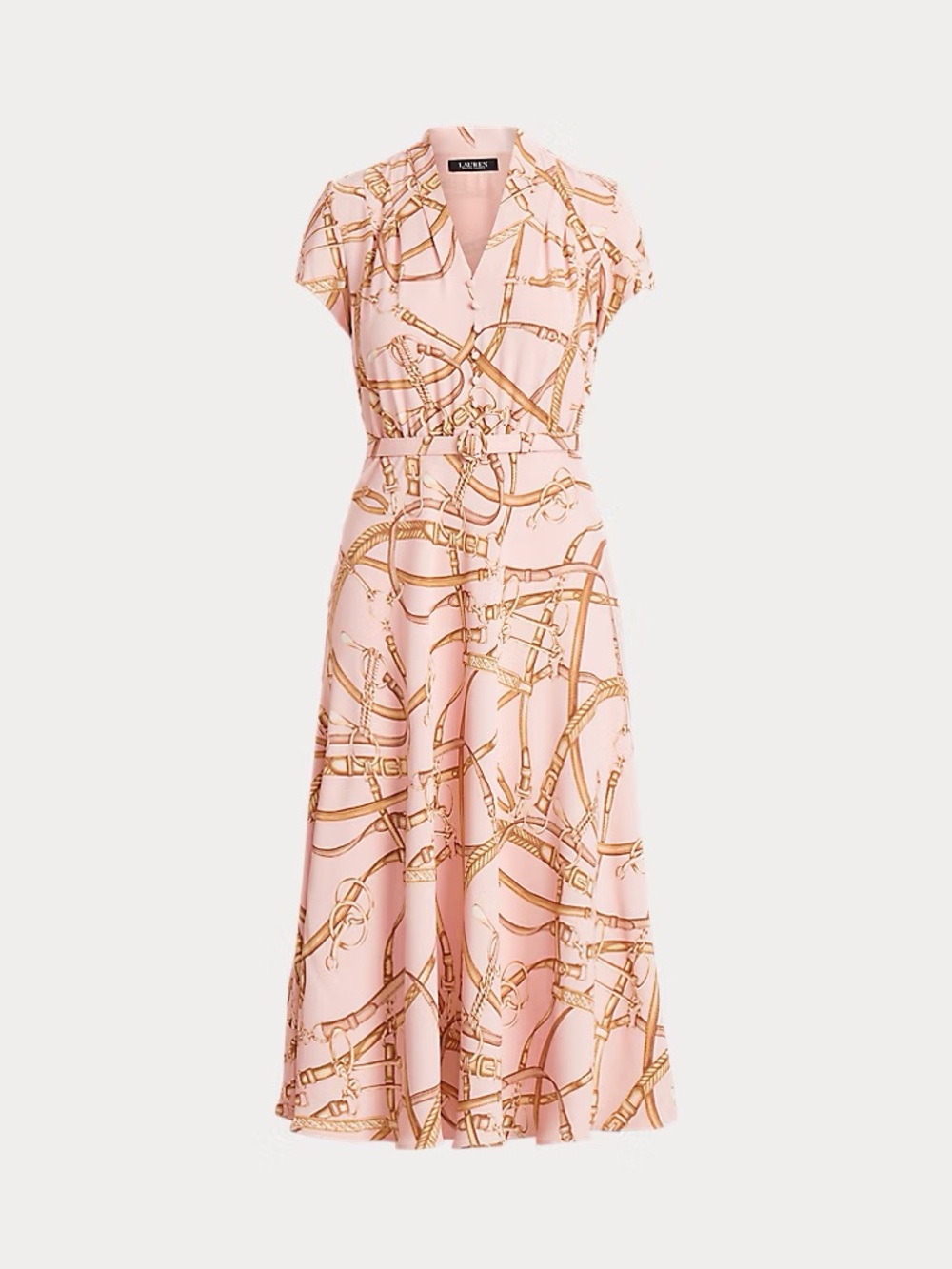 Lauren Ralph Lauren Dress Womens 2 Pink Equestrian Belt Print Midi Crepe Belted